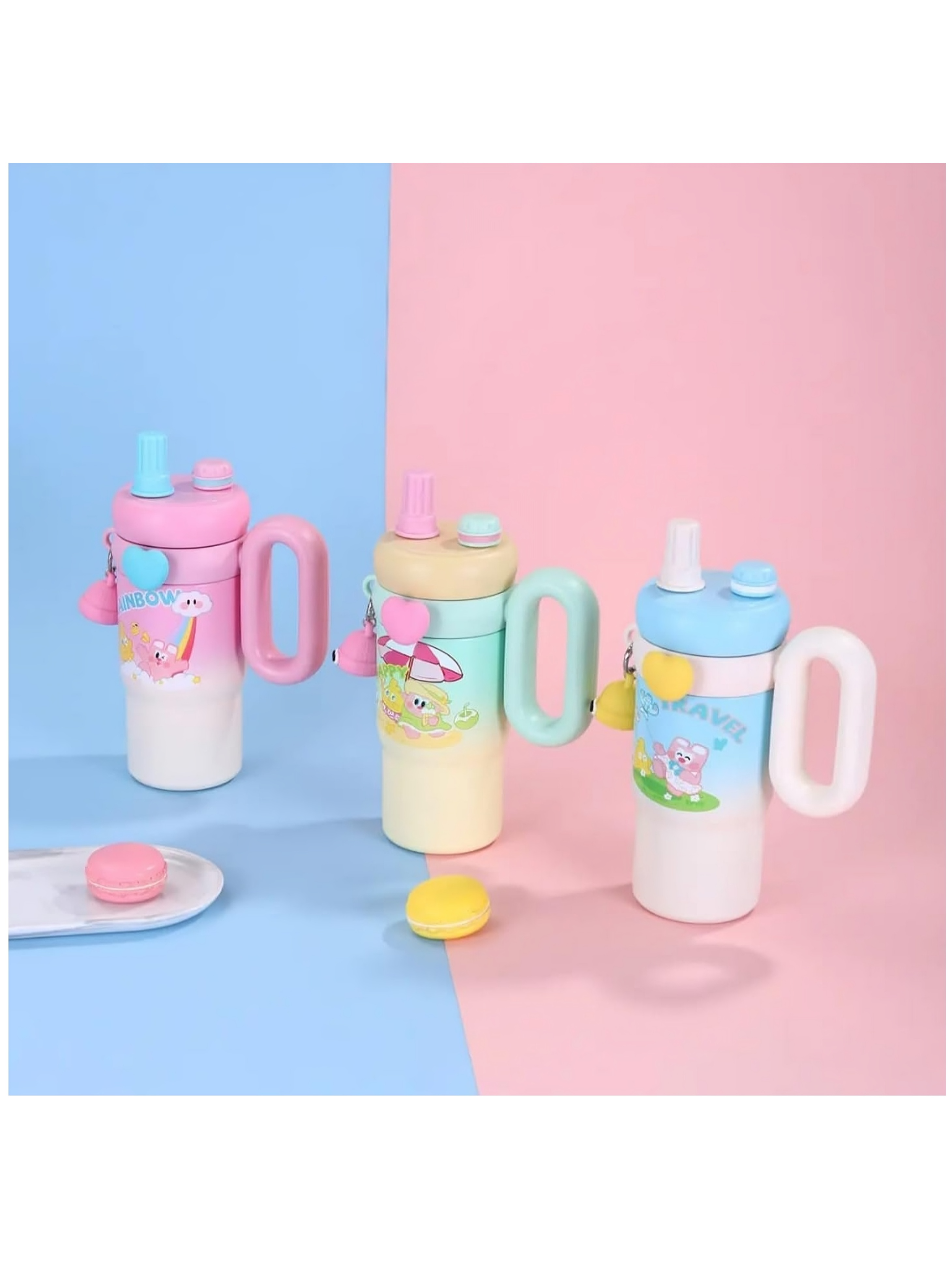 Fancy Kitchen Cartoon Kids Tumbler – 850ml Stainless Steel  Travel Mug – Perfect for School . (Rainbow Pink)