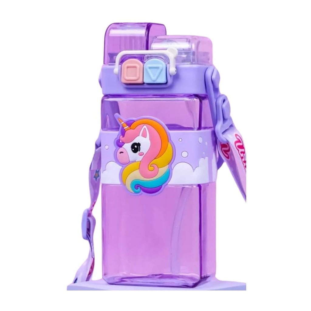 Unicorn Water Bottle with Carry Strap to Hang ,Water Bottle for School Kids 520ML (Purple)