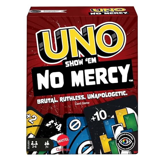 Mattel Games UNO Show ‘em No Mercy Card Game for Kids, Adults & Family Parties and Travel with Extra Cards, Special Rules and Tougher Penalties.