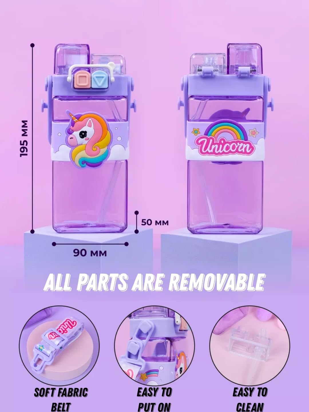 Unicorn Water Bottle with Carry Strap to Hang ,Water Bottle for School Kids 520ML (Purple)