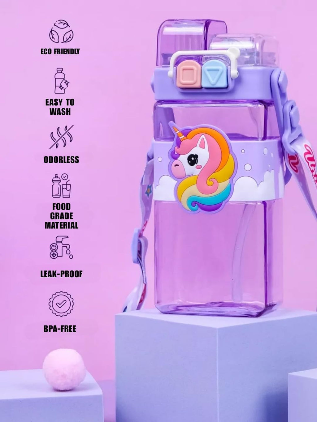 Unicorn Water Bottle with Carry Strap to Hang ,Water Bottle for School Kids 520ML (Purple)