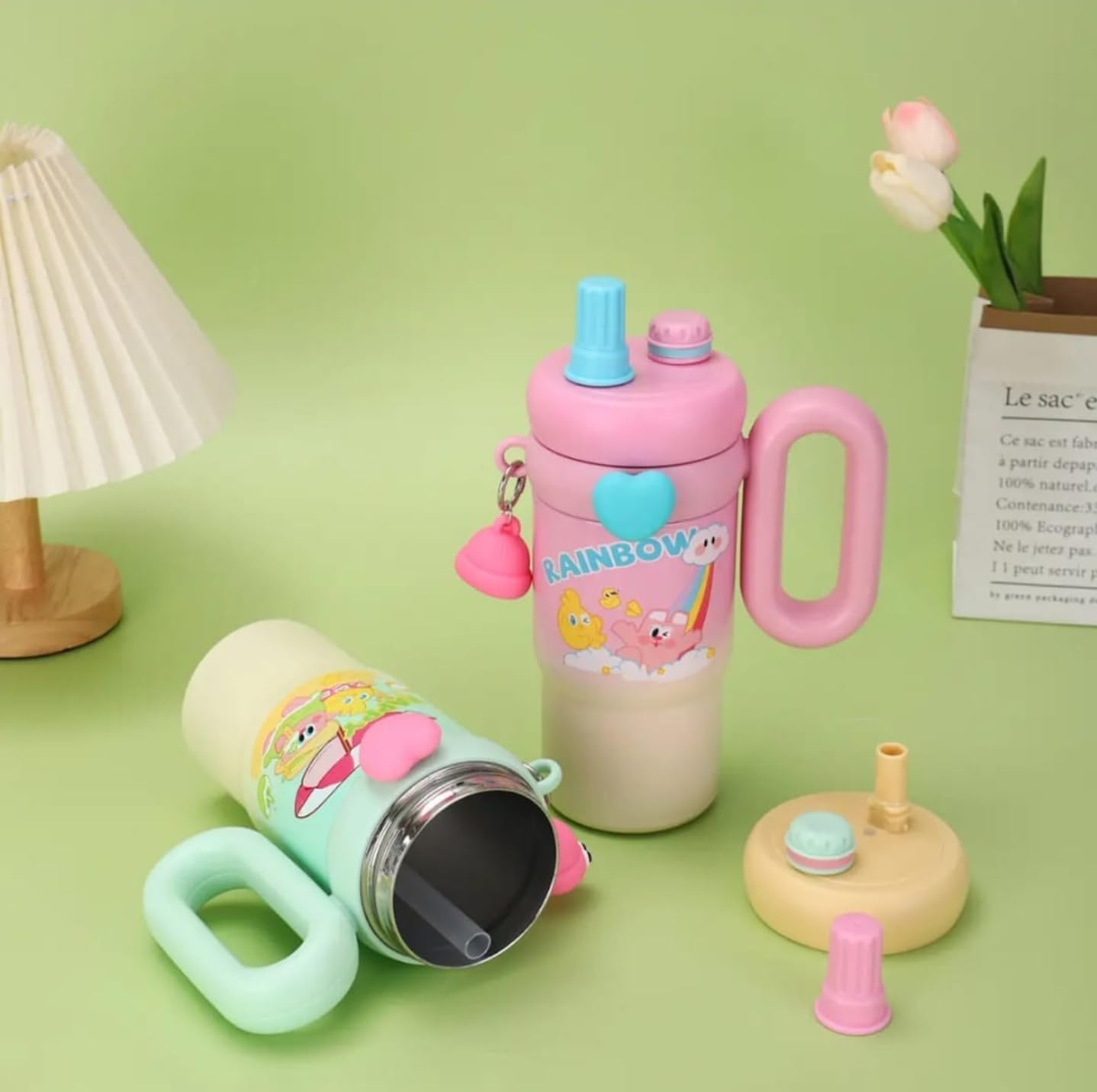 Fancy Kitchen Cartoon Kids Tumbler – 850ml Stainless Steel  Travel Mug – Perfect for School . (Rainbow Pink)