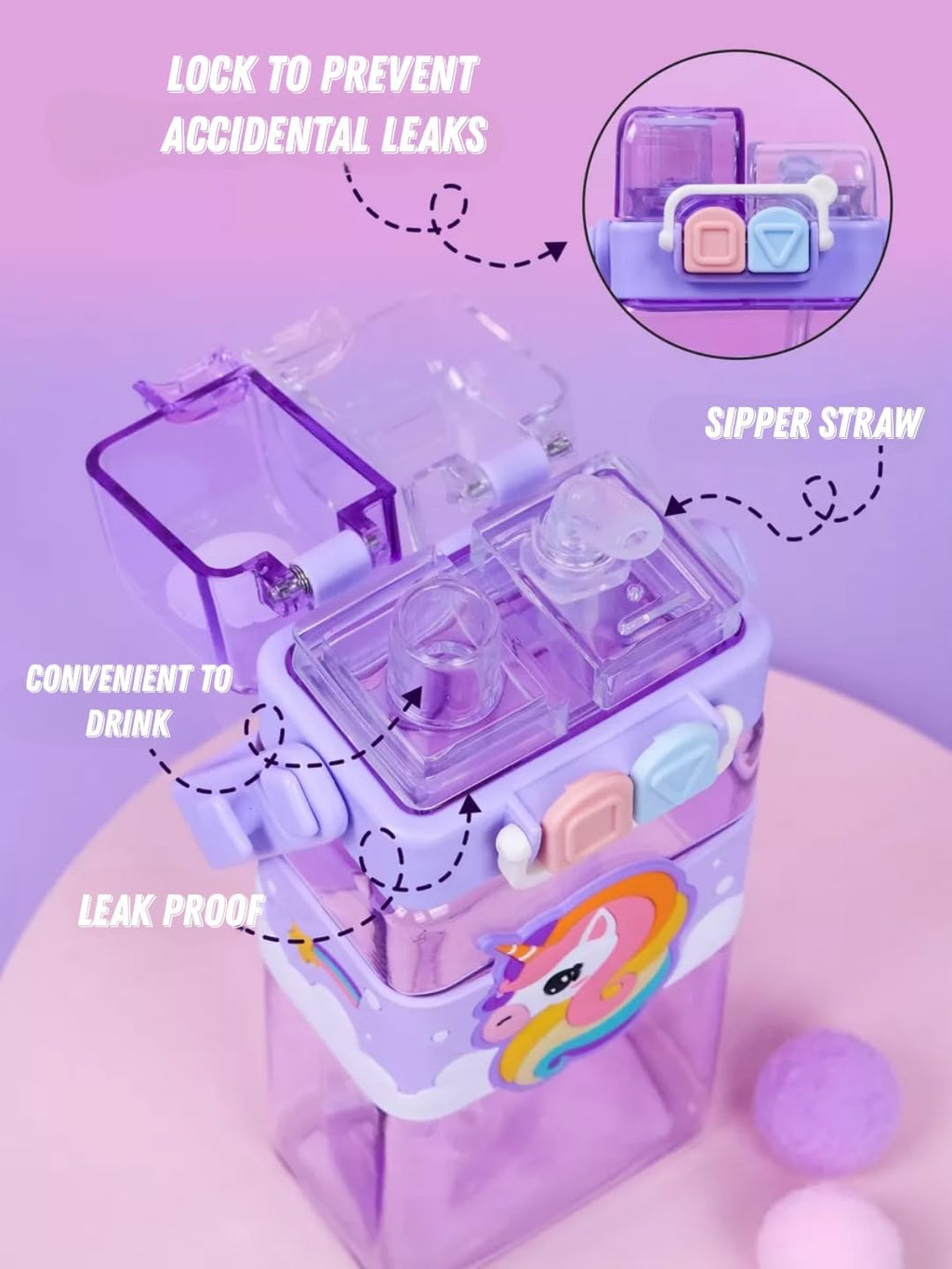 Unicorn Water Bottle with Carry Strap to Hang ,Water Bottle for School Kids 520ML (Purple)