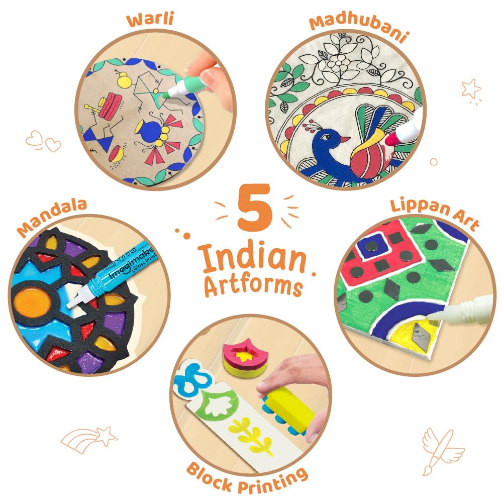 Imagimake Indian Art Forms-Arts and Craft DIY Kit for Kids, Ages 8-12, 5 Indian Art Forms-Madhubani, Warli, Lippan, Mandala & Block Printing.