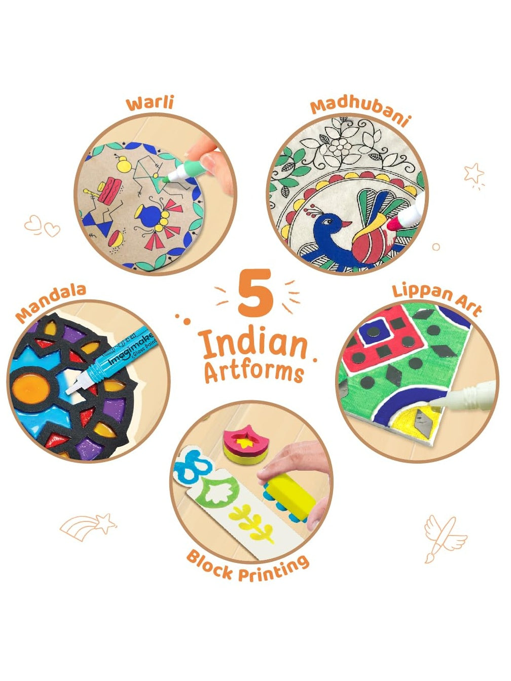 Imagimake Indian Art Forms-Arts and Craft DIY Kit for Kids, Ages 8-12, 5 Indian Art Forms-Madhubani, Warli, Lippan, Mandala & Block Printing.