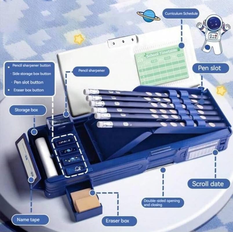 Plastic Multifunctional Space Password Lock Double Sided Compass Box For Kids, Pencil Box For Boy & Girl, Aesthetic, Space Astronaut Theme Pencil Case Return Gifts For Kids, Blue