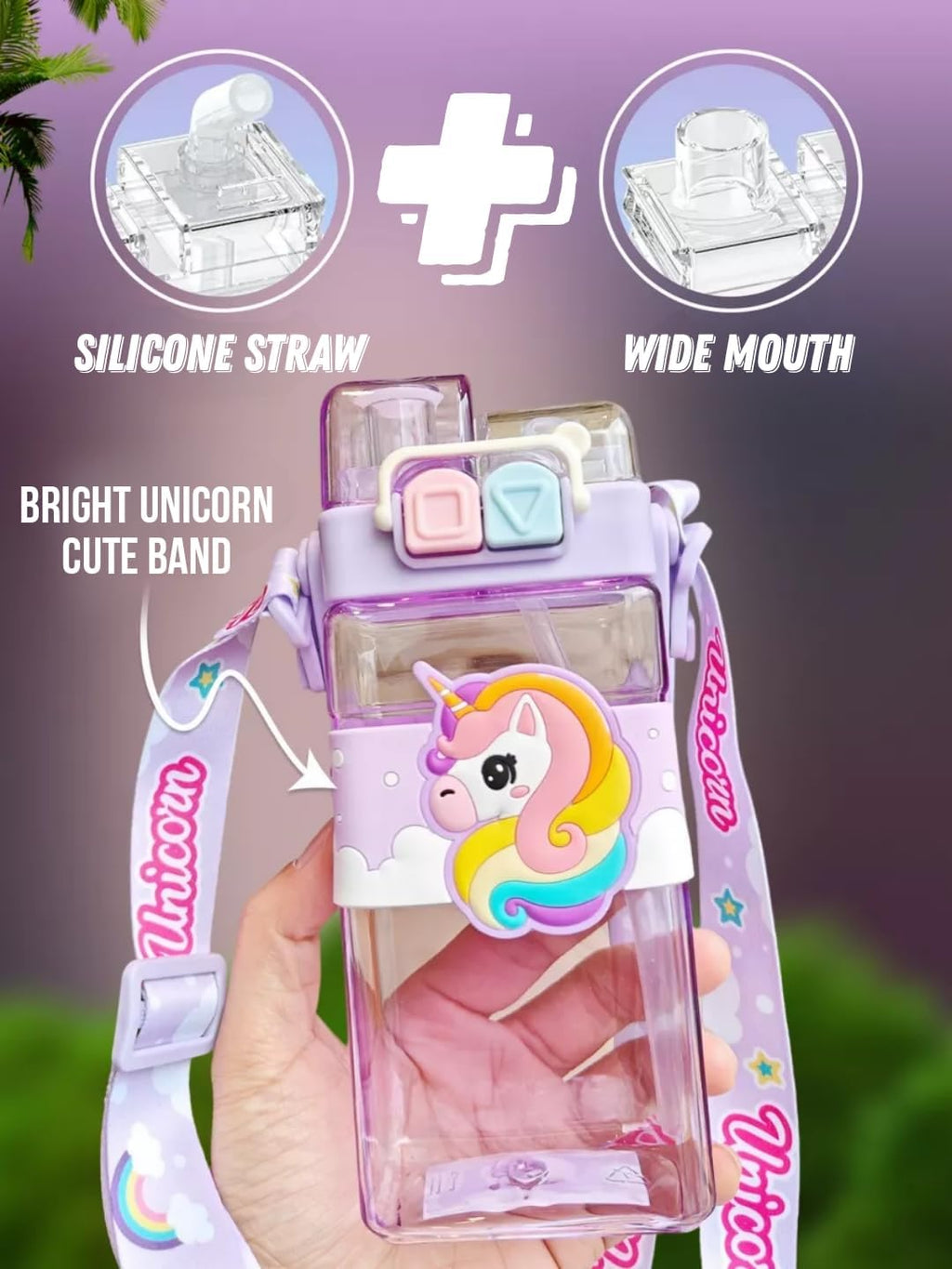 Unicorn Water Bottle with Carry Strap to Hang ,Water Bottle for School Kids 520ML (Purple)