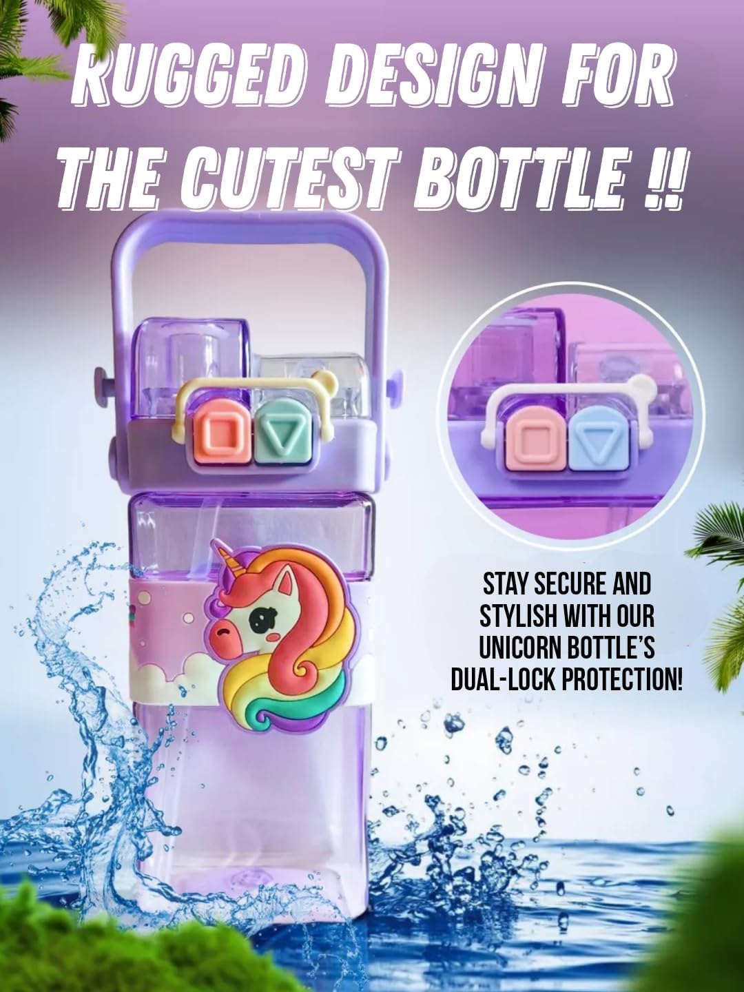 Unicorn Water Bottle with Carry Strap to Hang ,Water Bottle for School Kids 520ML (Purple)