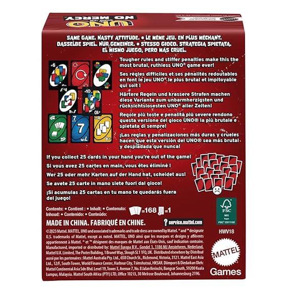 Mattel Games UNO Show ‘em No Mercy Card Game for Kids, Adults & Family Parties and Travel with Extra Cards, Special Rules and Tougher Penalties.