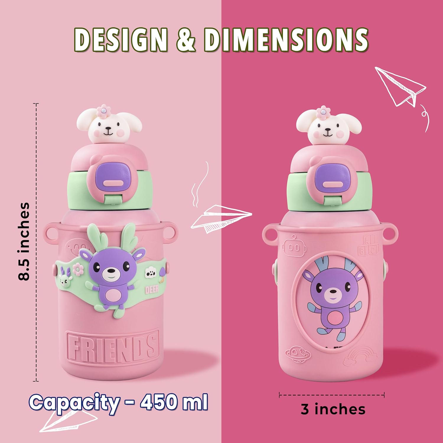 TEDDY Water Bottle - Waterbottle for Girls and Boys, Stainless Steel, Spill-Proof, BPA-Free, Pink