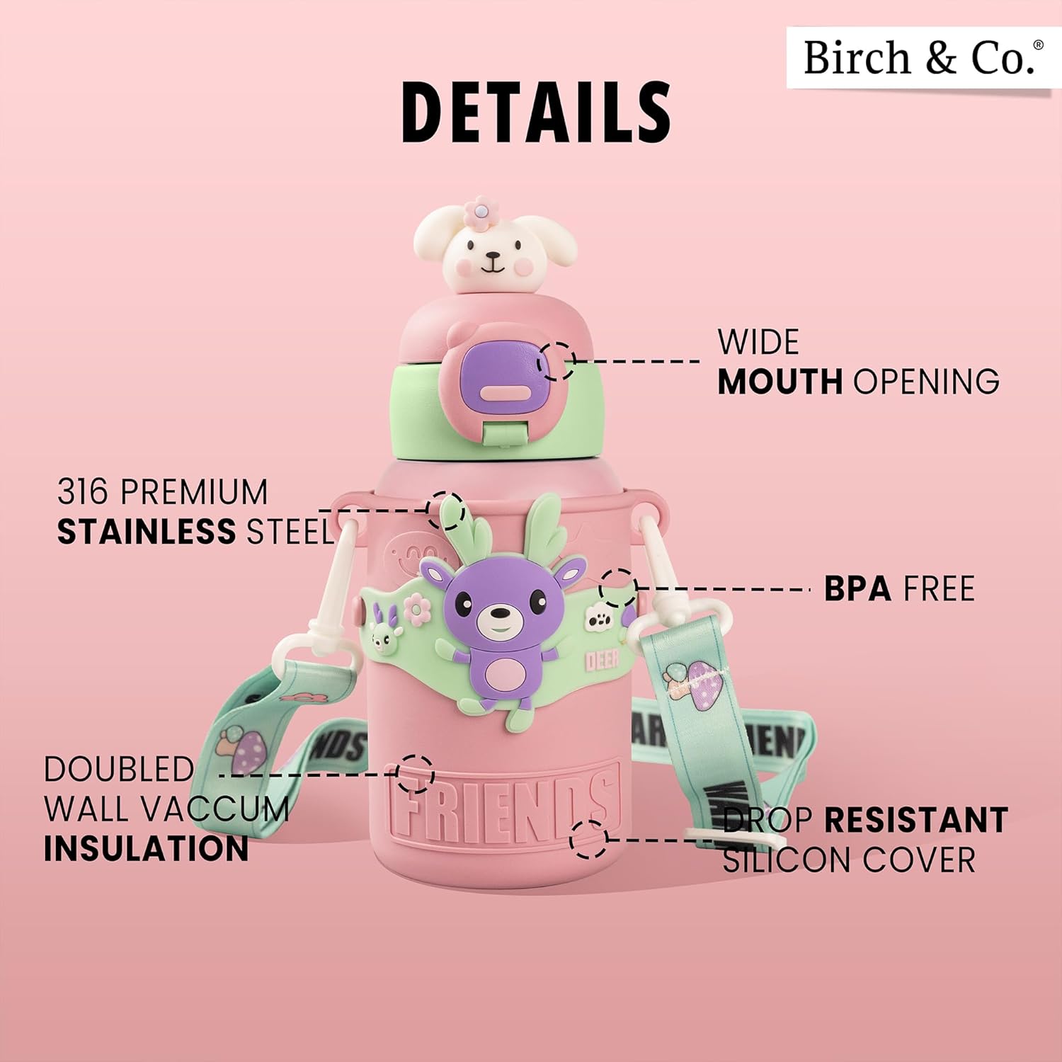 TEDDY Water Bottle - Waterbottle for Girls and Boys, Stainless Steel, Spill-Proof, BPA-Free, Pink