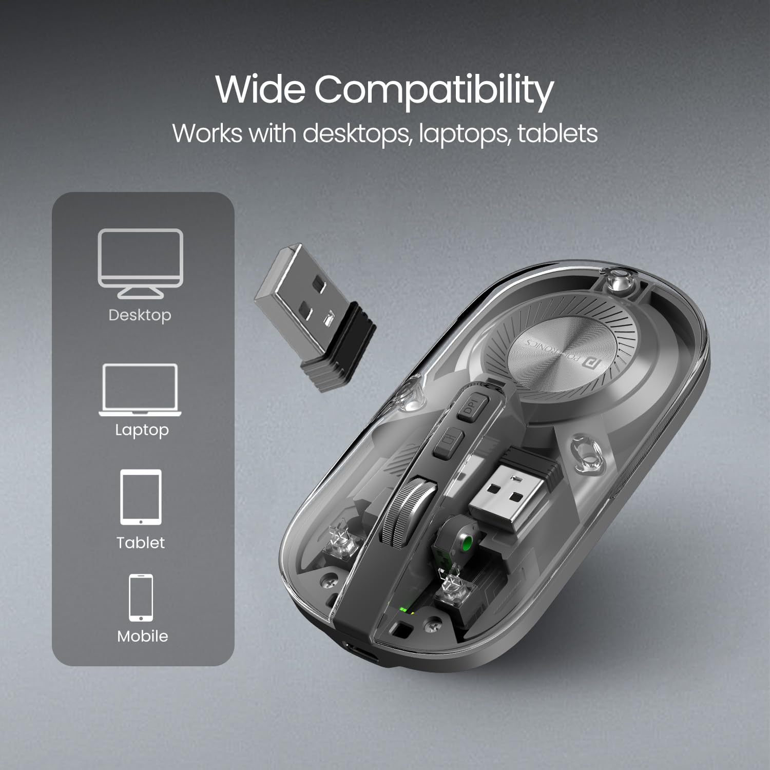 Portronics Toad 8 Transparent Wireless Bluetooth Mouse with Dual Wireless (BT + 2.4 GHz),  Noise-Free Clicking,  Multi-Device Pair