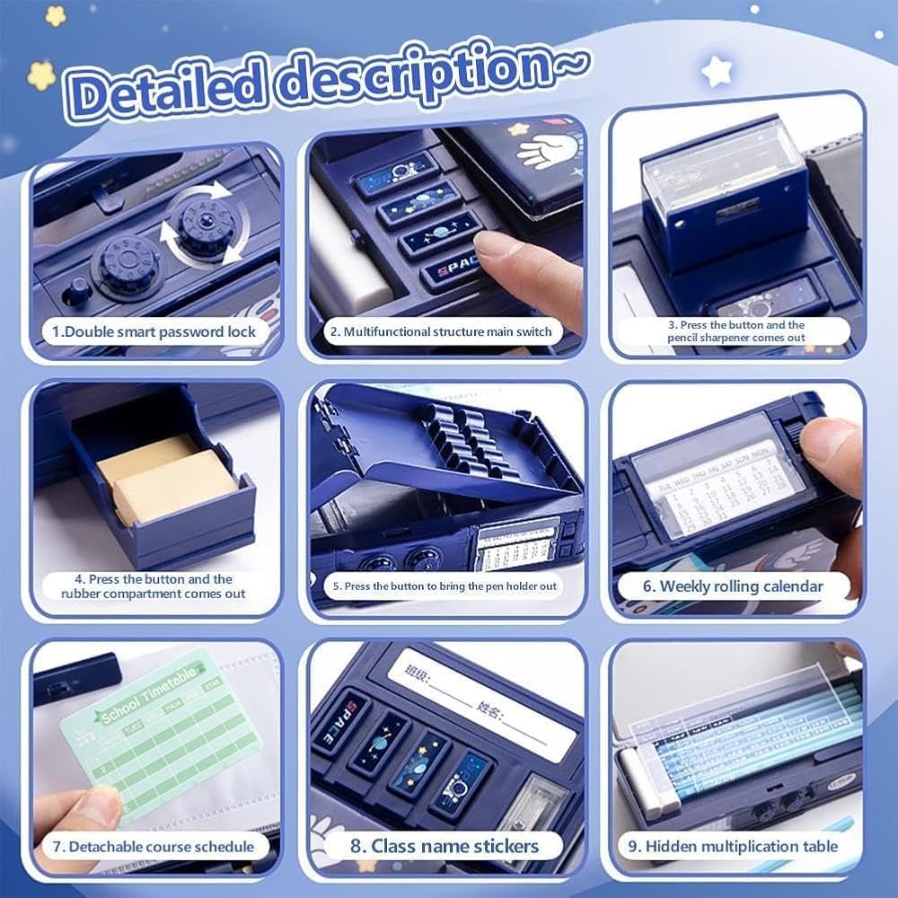 Plastic Multifunctional Space Password Lock Double Sided Compass Box For Kids, Pencil Box For Boy & Girl, Aesthetic, Space Astronaut Theme Pencil Case Return Gifts For Kids, Blue