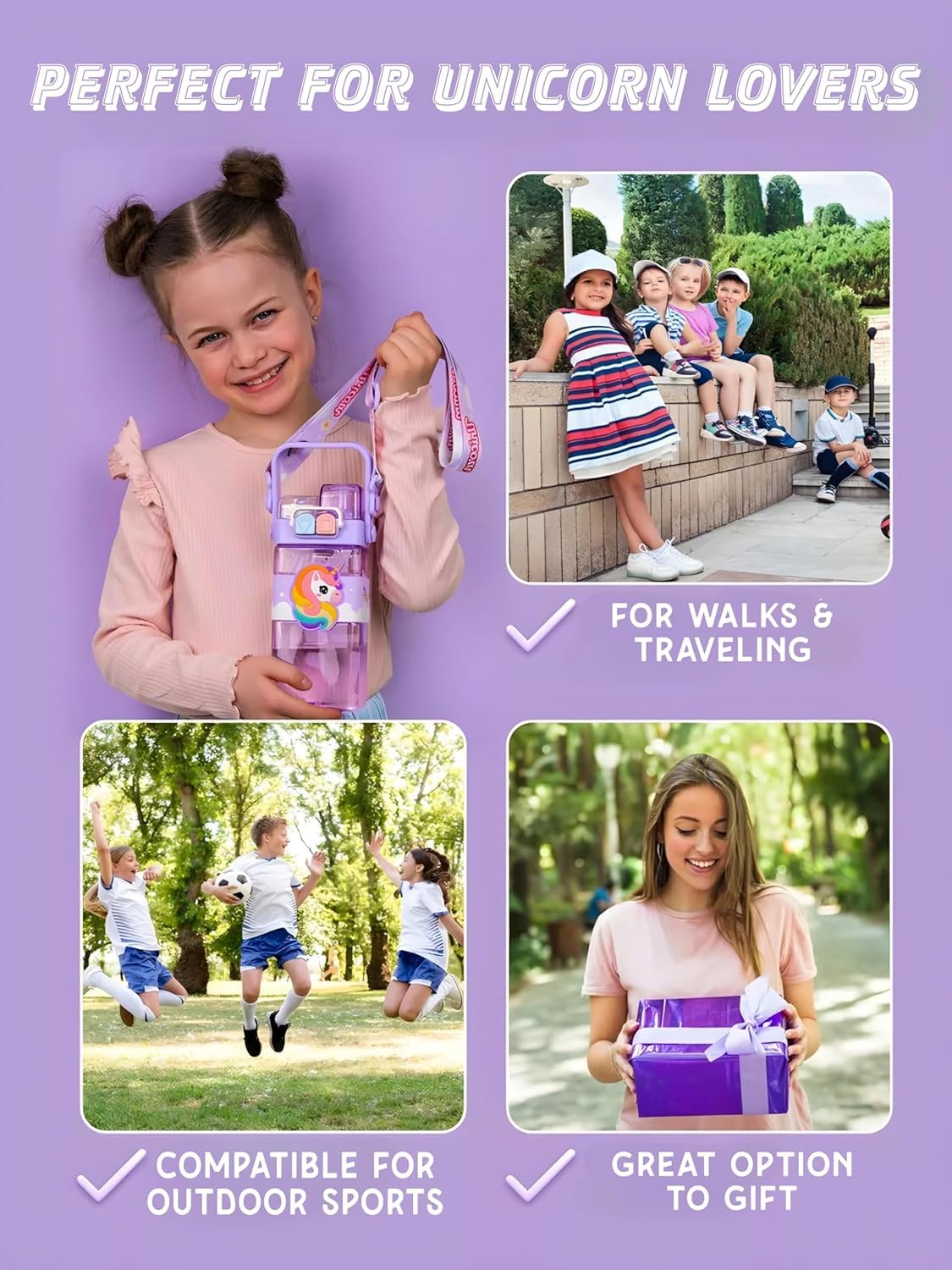 Unicorn Water Bottle with Carry Strap to Hang ,Water Bottle for School Kids 520ML (Purple)