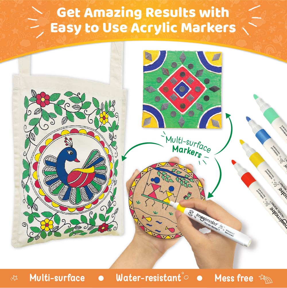 Imagimake Indian Art Forms-Arts and Craft DIY Kit for Kids, Ages 8-12, 5 Indian Art Forms-Madhubani, Warli, Lippan, Mandala & Block Printing.