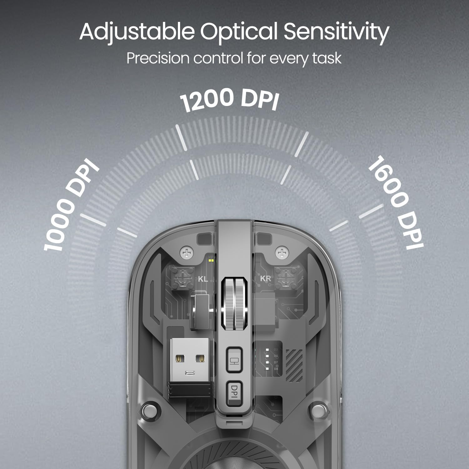 Portronics Toad 8 Transparent Wireless Bluetooth Mouse with Dual Wireless (BT + 2.4 GHz),  Noise-Free Clicking,  Multi-Device Pair