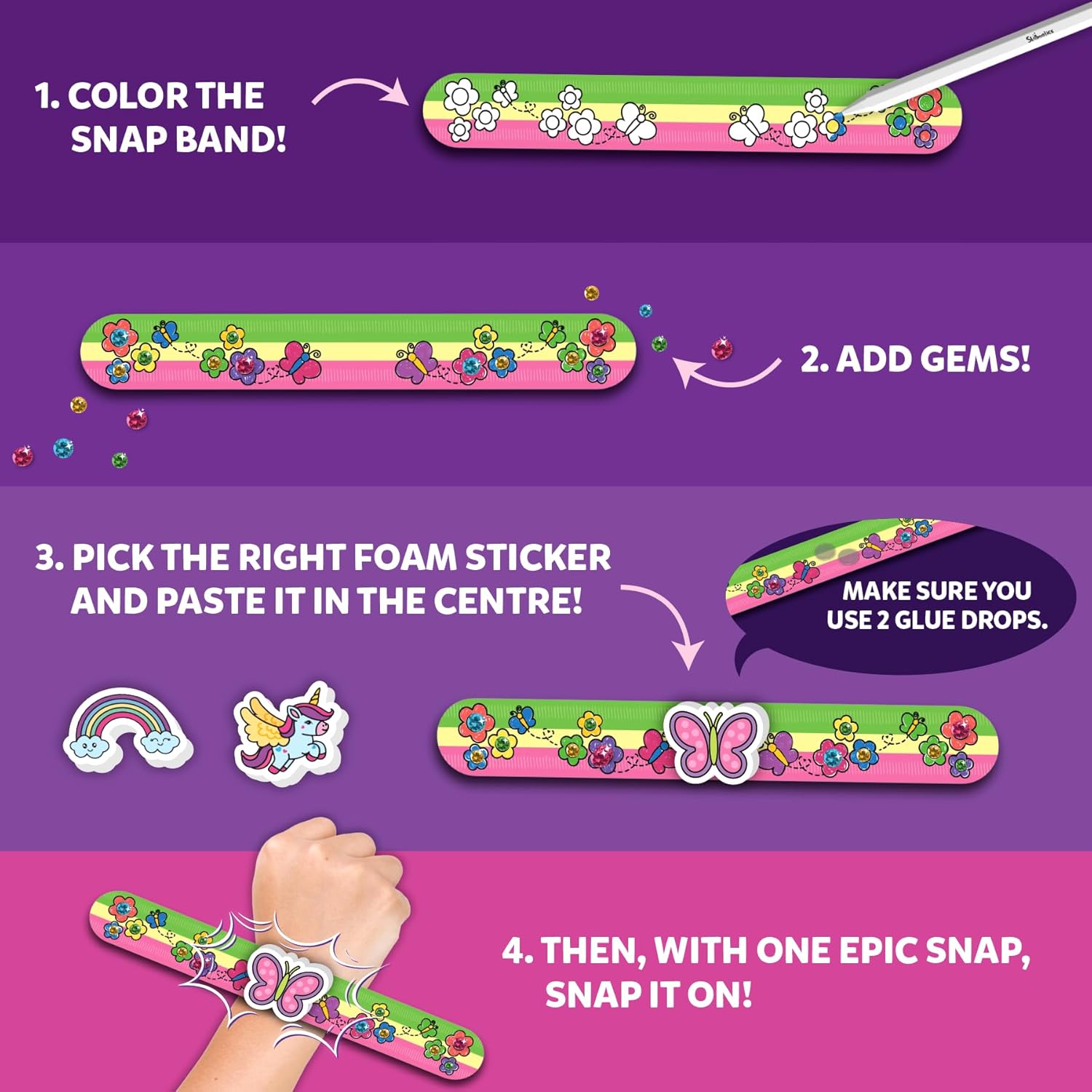 Skillmatics Craft Activity - Snap Bandz, Unicorns & Princesses, DIY Art & Craft Activity, Mess-Free,8 Bands (8.6"), Gifts for Girls & Boys Ages 4- 10