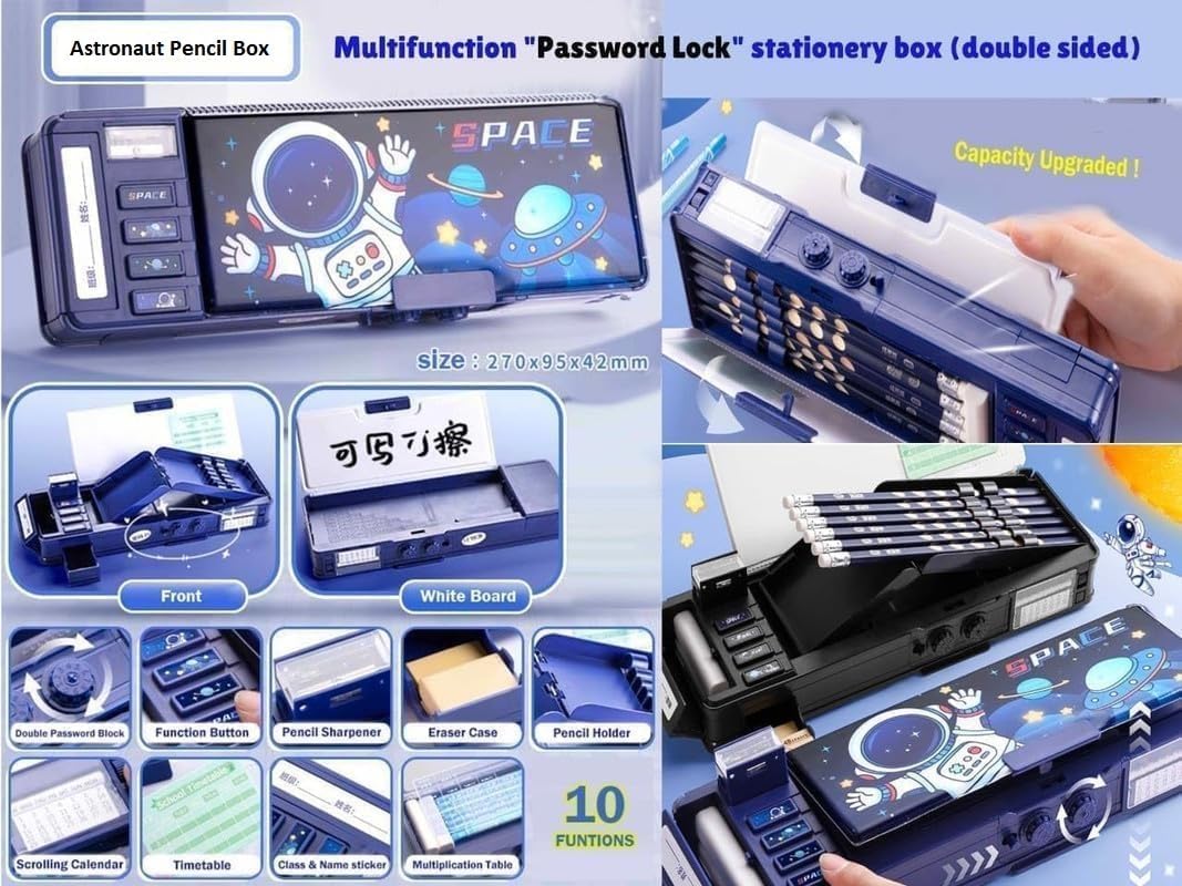 Plastic Multifunctional Space Password Lock Double Sided Compass Box For Kids, Pencil Box For Boy & Girl, Aesthetic, Space Astronaut Theme Pencil Case Return Gifts For Kids, Blue