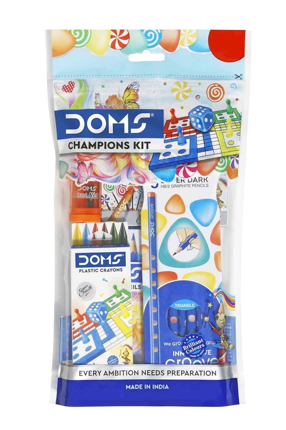 Doms Champions Kit | Perfect Value Pack | Kit for School Essentials | Gifting Range for Kids | Combination of 6 Stationery Items | Pack of 1