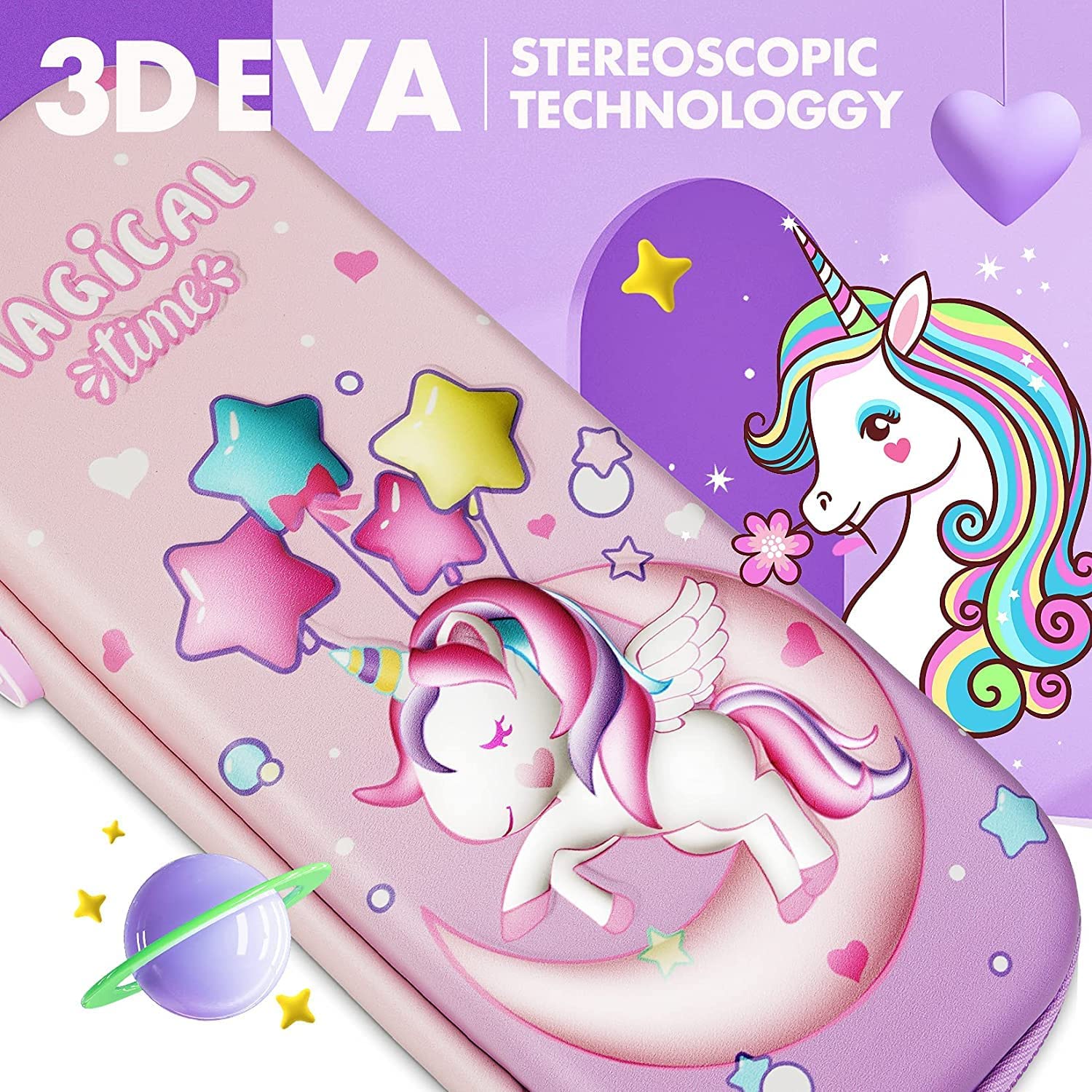 3D Unicorn Cover Large Capacity Pencil Case Compass With Compartments, School Supply Organizer For Girls