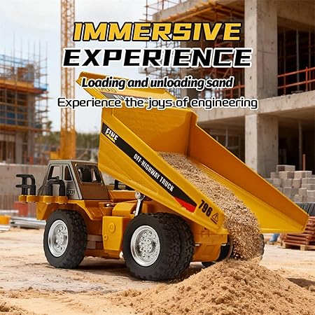 Mini RC Dump Truck Toy for Kids | 1:64 Scale Metal Construction Truck | Movable Hopper with Flexible Joint  | Rechargeable Type C