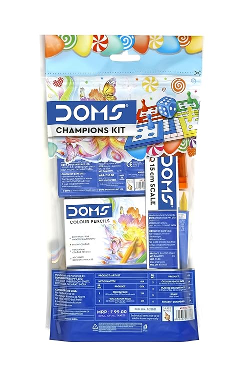 Doms Champions Kit | Perfect Value Pack | Kit for School Essentials | Gifting Range for Kids | Combination of 6 Stationery Items | Pack of 1