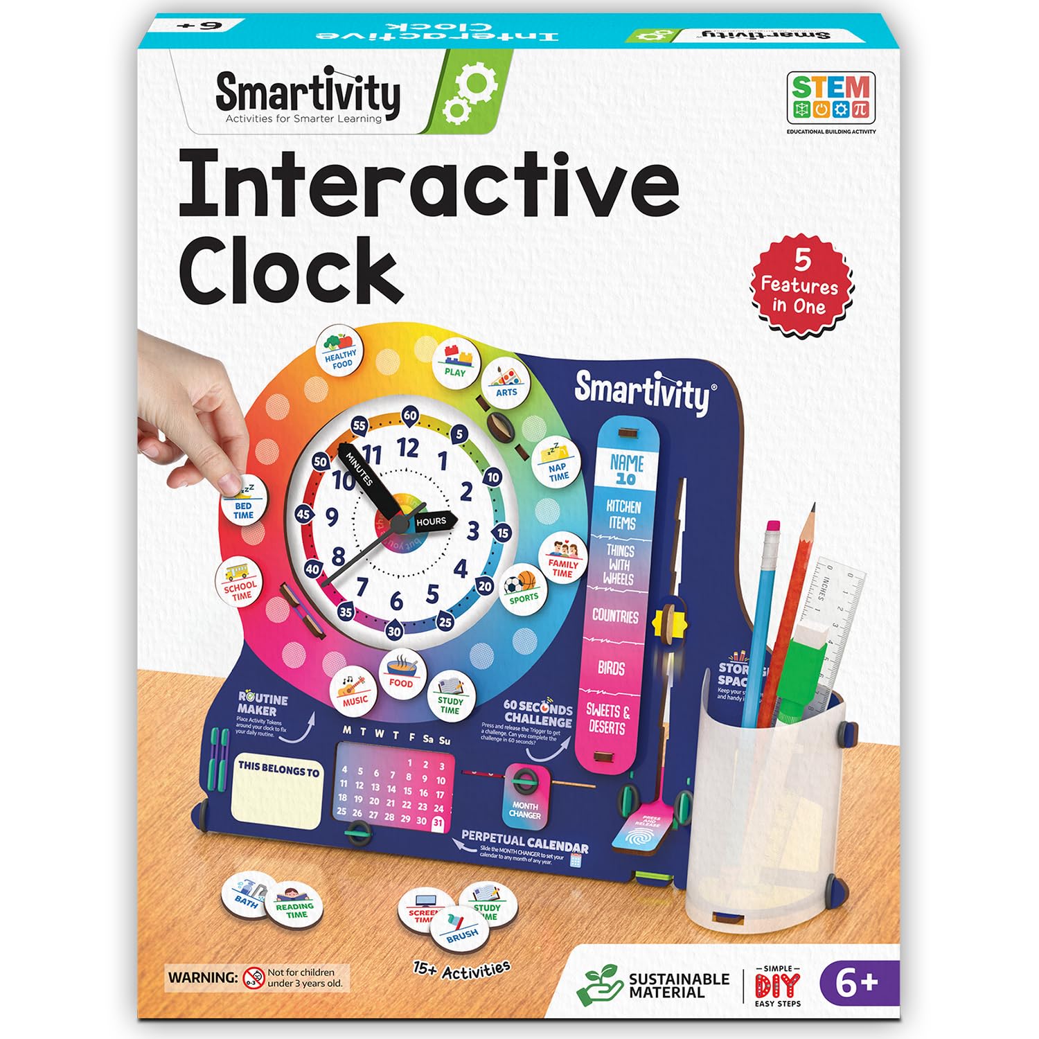 DIY Interactive Clock with Stationary Organiser  | Features an Infinity Calendar | Birthday Gift for Boys & Girls | Educational Toy for 6-12 Years