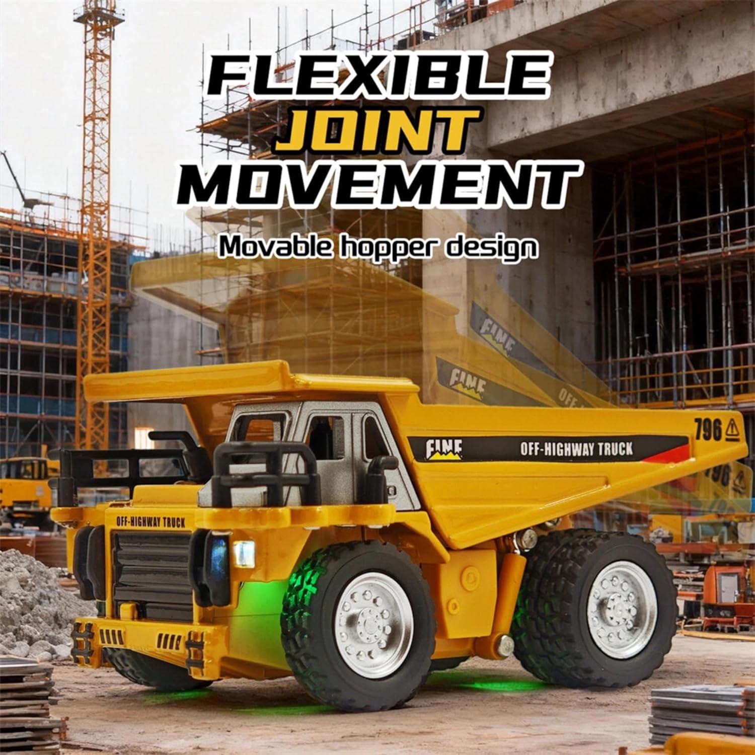 Mini RC Dump Truck Toy for Kids | 1:64 Scale Metal Construction Truck | Movable Hopper with Flexible Joint  | Rechargeable Type C