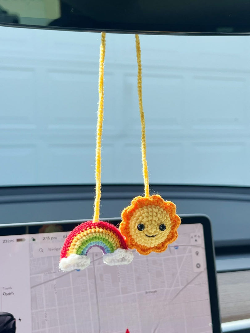 CROCHET RAINBOW AND SUN CAR HANGING